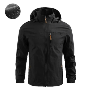 Chaqueta Cortavientos Impermeable Negra para Hombre con Capucha y Cuello Alto, Bolsillos con Cremallera Delanteros, Ropa Casual para Exteriores de Otoño, Exterior de Poliéster - Product Image 1
