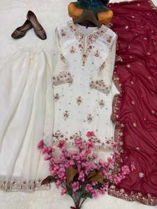 Nouvel ensemble Kurti-Plazzo de qualité supérieure, comprenant un haut en Georgette épais avec de belles broderies et un magnifique ensemble Sharara prêt-à-porter. - Product Image 4