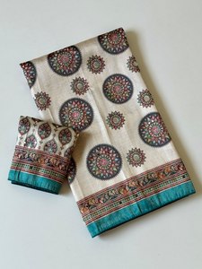 Sari en soie Dola pure et douce avec tissage jacquard Jari complet, impression numérique positionnée, travail miroir original et Dori Peiping - Product Image 1