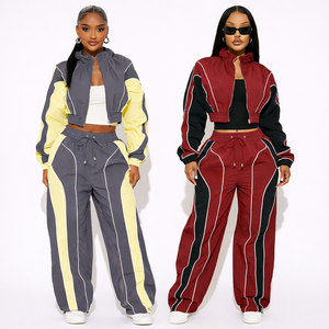 Women Two Piece Tracksuit Set Crop <b>Jacket</b> & High Waist Jogger Pants Sporty Streetwear Windbreaker Suit Wholesale Custom Logo - Product Image 1