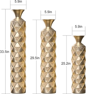 Juego de Jarrones de Piso Modernos de Lujo en Metal Dorado con Patrón Geométrico Triangular en Relieve 3D, Florero Decorativo de Pie - Product Image 5
