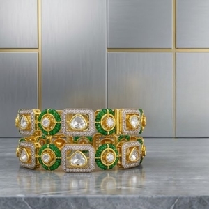 925 Silver Monzo Bangles Green <b>Stone</b> Crystal Designer Kada Set for Crystal Pear <b>Cut</b> Stones Women Wedding Jewelry - Product Image 3