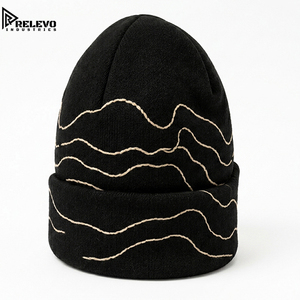 Bonnet en tricot à revers rayé brodé noir 100% acrylique de qualité supérieure pour adultes unisexe - Product Image 2