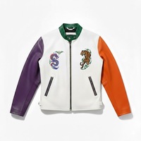 Jaket Kulit Pria Warna Blok dengan Bordir Naga Harimau dan Cetakan di Belakang, Gaya Moto, Warna Putih Ungu Oranye, Lengan Berkerah Lipat.