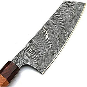 Couteau de chef moderne personnalisé fait main Burraq, lame en acier Damas, manche en bois de 8 pouces, étui en cuir, passe au lave-vaisselle - Product Image 2