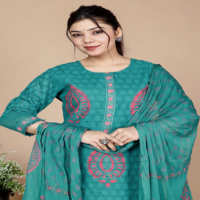 NIYANI Emerald Noor Jaipuri Block Print Schiffli Cotton Casual Women's Traditional Kurta Set Chiffon Dupatta-Stunning
