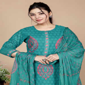 Ensemble Kurta décontracté NIYANI Emerald Noor Jaipuri en coton imprimé au bloc avec dupatta en mousseline – Magnifique ensemble ethnique trois pièces longueur midi - Product Image 3