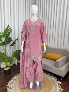 Ensemble Salwar Kameez Traditionnel Pakistanais en Soie Satinée Premium pour Femme, Ourlet Festonné, Motif Floral, Coupe Ajustée, Idéal Mariage Hiver Été - Product Image 4