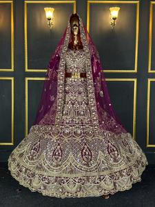 Bridal <b>Lehenga</b> Choli Heavy Embroidery Floor-Length A-Line Silhouette V-Neck Polyester/Cotton Fabric Wedding Outfit for Women - Product Image 1