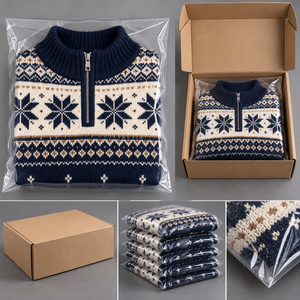 Suéter de punto para hombre con cremallera de un cuarto, diseño de copo de nieve, azul marino y crema, para Navidad, cuello alto, jersey de invierno, venta al por mayor OEM - Product Image 5