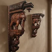 Étagère murale décorative en bambou et bois traditionnels, motif éléphant, style Art Déco, avec support décoratif à motifs paysagers, lot de 2 pour salon et maison