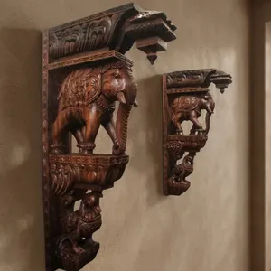 Traditional Bamboo & Wooden <b>Elephant</b> Wall Shelf Art Deco <b>Decorative</b> Bracket with Scenic Pattern 2pcs for Home Living Room - Product Image 2