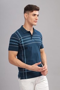 Camiseta de punto para hombre, azul marino, teñida con hilo en la parte delantera, de tejido grueso, manga corta, corte regular, estilo urbano informal - Product Image 6