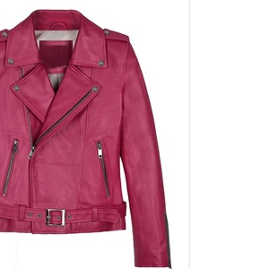 College Custom Women <b>Real</b> <b>Leather</b> Biker Jacket Fuchsia Hot Pink <b>Belted</b> Waist Motorcycle Coat OEM Asymmetric Zip Outerwear - Product Image 4