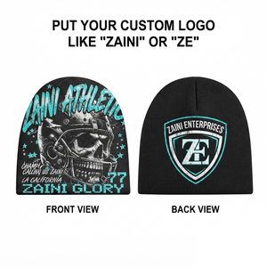 Bonnet pour homme 100 % acrylique tricoté 320 GSM noir avec impression par sublimation personnalisée, impression sérigraphique haute densité et logo brodé - Product Image 1