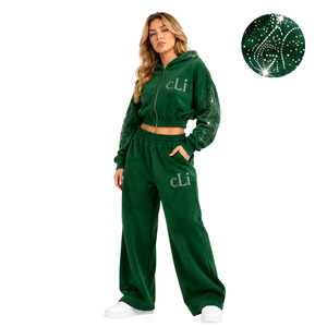 Ladies Boutique Sparkly Oversized Drop Shoulder Crop Zip <b>Tracksuit</b> Custom Rhinestone <b>Y2K</b> Hoodies Sweatpants Heavyweight Cotton - Product Image 3