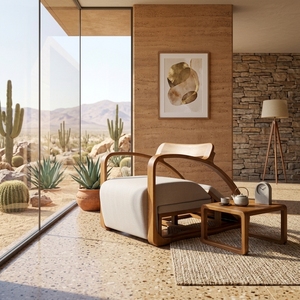Sillón de Madera de Teca Sólida, Diseño Curvo Orgánico Moderno, Sillón para Sala de Estar Tapizado en Crema, Muebles para Descanso - Product Image 3
