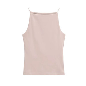 Débardeur côtelé uni à col rond pour femme, basique d'été, élastique, sans manches, coupe courte, en soie/coton, écologique, respirant, avec devant en satin - Product Image 5