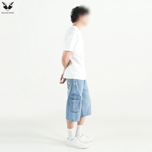 Shorts en jean oversize tendance pour hommes, coupe ample, avec logo personnalisé, en denim délavé, multi-poches, décontractés, pour l'été - Product Image 5