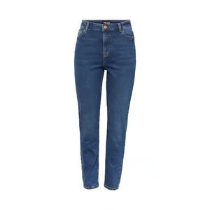 Jean décontracté pour femme, coupe droite ample, taille haute, délavé mi-bleu, respirant, séchage rapide, avec boutons décoratifs, couleur unie - Product Image 1