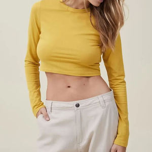 Women's Teal Long Sleeve Crop <b>Top</b> Crew Neck Slim Fit Knitted Solid Color Casual Spring Summer Breathable Spandex Cotton Blend - Product Image 5