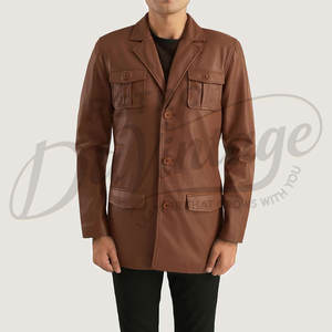 เสื้อเบลเซอร์หนังแกะแท้สีน้ำตาลพรีเมียมสำหรับผู้ชาย สไตล์ซาฟารี วินเทจ 4 กระเป๋า เสื้อโค้ทหนังแกะแท้ลำลองสำหรับงานธุรกิจและงานปาร์ตี้ - Product Image 3
