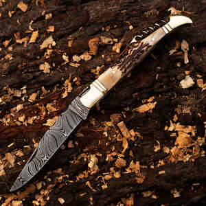 Couteau de poche multifonctionnel de style Laguiole en acier Damas artisanal de qualité supérieure, manche en corne de cerf, lame pliante, OEM ODM - Product Image 3