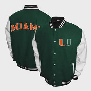 Veste universitaire personnalisée Miami, veste en laine verte et blanche, veste bomber avec patch brodé U, vente en gros OEM ODM - Product Image 1