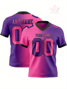 เสื้อฟุตบอลอเมริกันชายแบบสั่งทำ คอวี แขนสั้น พิมพ์ลายแบบซับลิเมชั่น สีน้ำเงินแดง แต่งขอบ พร้อมชื่อทีมและหมายเลข ระบายอากาศได้ดี ทรงปกติ - Product Image 3