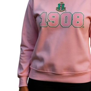เสื้อสเวตเชิ้ตคอกลมสีชมพูอ่อน รุ่น 1908 Crest ลายกราฟิกสีเขียวชมพู ผ้าฟลีซ ยูนิเซ็กซ์ เสื้อผ้าชมรมกรีก รับผลิตแบบ OEM ODM - Product Image 4