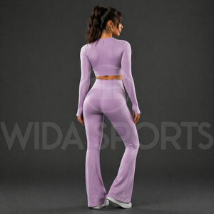 2026 New Women Solid <b>Flare</b> <b>Leggings</b> Yoga Set High Waisted Fitness Long Sleeve Crop Top Breathable Eco-Friendly Workout Gym Wear - Product Image 2