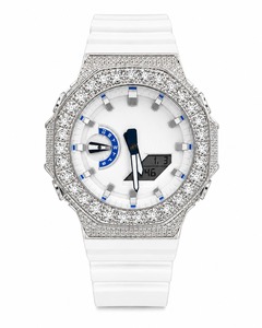 Reloj Analógico-Digital de Lujo para Mujer, Caja de Acero Inoxidable, Bisel con Diamantes, Correa de Silicona Blanca, Forma Poligonal, Movimiento de Cuarzo - Product Image 1