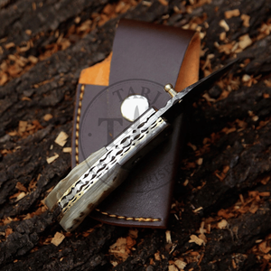 Premium Stainless Damascus Folding Knife Ram Horn Handle Outdoor Hunting <b>Small</b> Pocket Handmade EDC Utility Knife Drop Point - Product Image 2