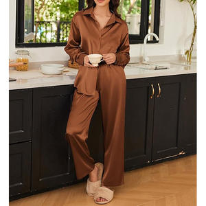 Satin Pajama Set Classic Notch Collar Full Sleeve Button Front Straight <b>Pants</b> Loungewear - Product Image 4