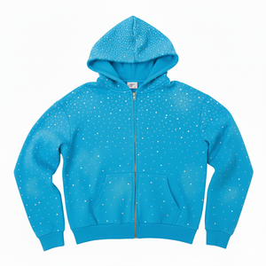 Sweat à capuche zippé personnalisé en coton épais 100% pour homme, délavé soleil, broderie strass, style streetwear - Product Image 1