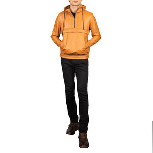 Men's Tan Genuine Leather Hooded Quarter-Zip Jacket Casual Slim Fit Autumn Wear - Product Image 1
