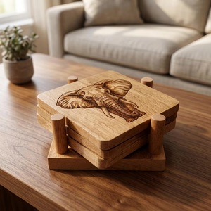 Juego de Posavasos Cuadrados de Madera con Diseño de Elefante, Hechos a Mano, Antideslizantes, Acabado Natural, 10 cm de Diámetro - Product Image 2