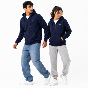 Solid Navy Full <b>Zip</b> Men <b>Hoodies</b> Cotton Fleece Regular Fit Kangaroo <b>Pocket</b> Custom Logo Autumn Winter Wholesale Manufacturer - Product Image 5
