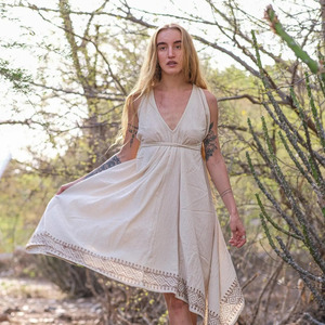New Elegant Hand-Loomed Khadi Cotton Halter Neck Dress with Geometric Block-Printed Border Flattering Adjustable Dress For Women - Product Image 1