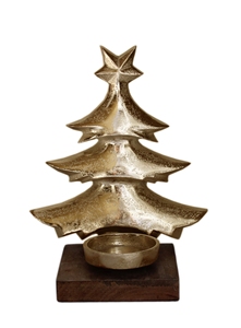 Handmade Aluminum Christmas <b>Tree</b> <b>Ornament</b> Medium Size Rustic Style Star Top Candle Holder Wooden Base Tabletop Decor Living Room - Product Image 3
