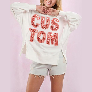 Custom <b>Sequined</b> Oversized Sweatshirt Women Long Sleeve Drop Shoulder O-Neck Loose Fit <b>White</b> Cotton Knitted <b>Top</b> Front Logo Casual - Product Image 3