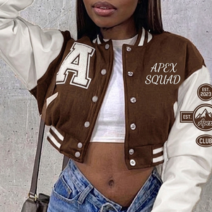 Chaquetas Varsity Personalizadas para Mujer, Bordado Chenille OEM, Cuero Tejido con Letras Impresas, Chaqueta Deportiva Ecológica con Logotipo de Béisbol - Product Image 1