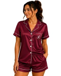 Conjunto de Pijama de Satén Borgoña Personalizado por el Fabricante, Ropa de Dormir de Seda para Mujer, con Bolsillo Bordado, Manga Corta, Conjunto de Ropa de Dormir Suave - Product Image 1
