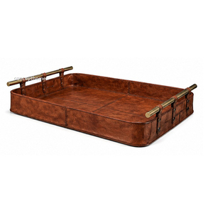 Plateau de service rectangulaire en texture crocodile marron avec poignées en métal doré pour usage résidentiel - Product Image 6