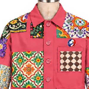 Veste de travail rose corail en mosaïque, patchwork artisanal, motif floral, boutonnée, décontractée, manches longues, mode streetwear, vêtement d'extérieur personnalisé - Product Image 3