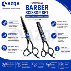 Stainless Steel Black Barber Scissors Set With Hair Cutting And <b>Thinning</b> Shears Blue Screw Details And Finger <b>Ring</b> Inserts - Product Image 4