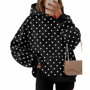 เสื้อฮู้ดลายจุดผู้หญิงทรงโอเวอร์ไซส์ ไหล่ตก ซิปหน้า ผ้าถัก สีขาวดำ ลายพิมพ์ ฤดูใบไม้ร่วง สไตล์ลำลอง สตรีทแวร์ - Product Image 5
