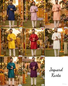 Vêtements ethniques indiens pour les mariages et les fêtes, kurta en soie jacquard avec ensemble pyjama en coton Raymond pour hommes. - Product Image 6