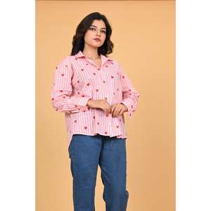 Camisa de Algodón a Rayas con Estampado de Corazones para Mujer, Blusa de Manga Larga con Botones, Estilo Casual Chic, Linda Camisa de Oficina Estilo San Valentín - Product Image 3