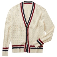 Cardigan en tricot pour femme, rouge, style preppy contrastant, manches longues, col en V, poches, broderie, pour l'hiver